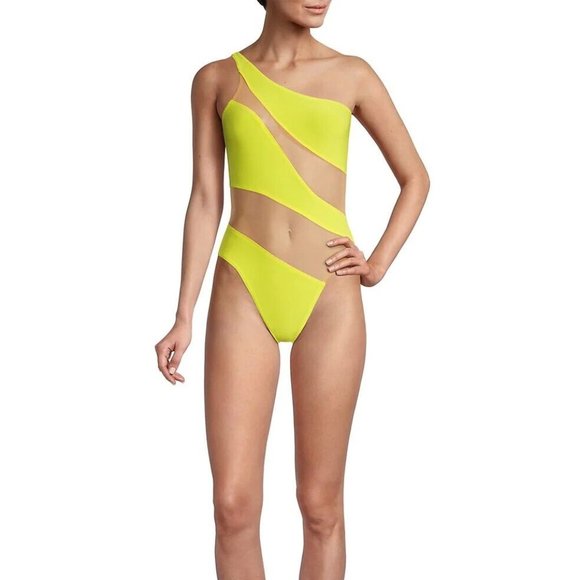 $265 NORMA KAMALI Snake Mesh One-Shoulder Swimsuit Bodysuit Nude Yellow XXS - Picture 2 of 16